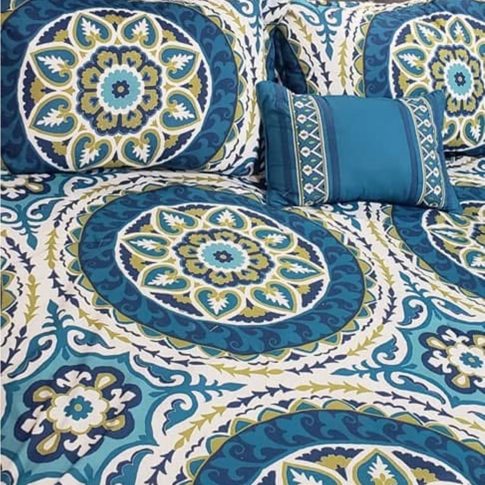 EUC Two Republic Suzani Duvet Set Full Queen Blue and Green Duvet Cover Set - Picture 5 of 6